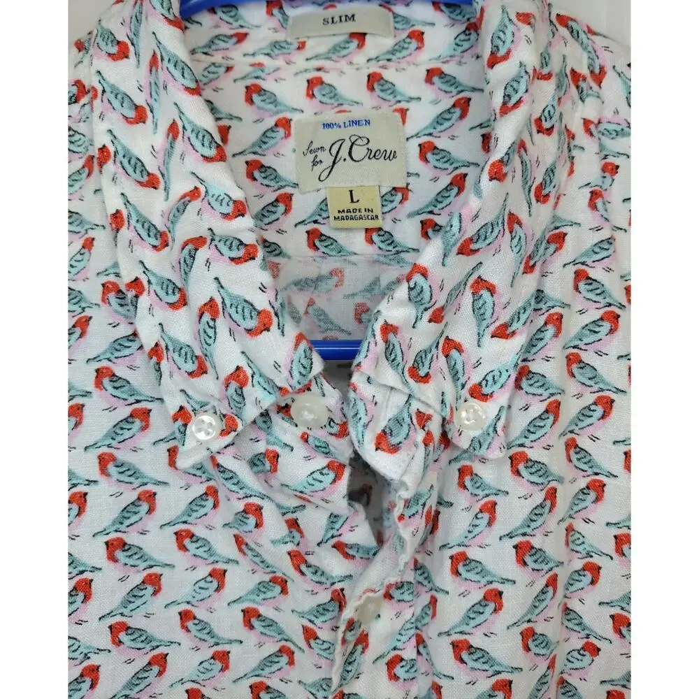 J.Crew Mens 100% Linen Bird Print Shirt Slim Fit Large Short Sleeve Coastal